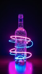 Poster - Neon light trails swirling around wine bottle silhouette on dark background