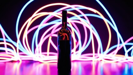 Aufkleber - Neon light trails swirling around wine bottle silhouette on dark background