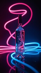Poster - Neon light trails swirling around wine bottle silhouette on dark background