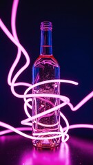 Poster - Neon light trails swirling around wine bottle silhouette on dark background