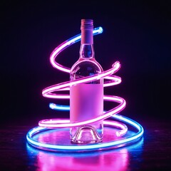 Aufkleber - Neon light trails swirling around wine bottle silhouette on dark background