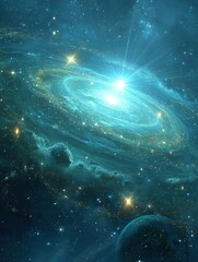 Wall Mural - ethereal galaxy formation with planet and star burst in deep space cosmic background