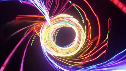 Wall Mural - dynamic abstract animation of colorful light loops on black background