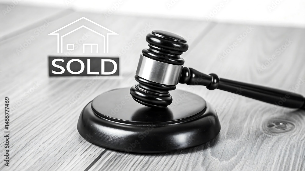 Real estate auction gavel with sold house icon on wooden background symbolizing legal property transaction and sale
