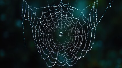 A detailed close-up of a dewdrop clinging to a delicate spiderweb, reflecting the surrounding forest.