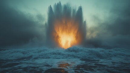 Wall Mural - a dramatic image of a geyser erupting with a powerful burst of steam and water against a clear sky.