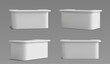 © klyaksun - Reception tables set - white modern desk counters for office, hotel lobby or store. Curved rectangle shapes with smooth edges, blank surface countertop and front side. 3d mockup from various angles.