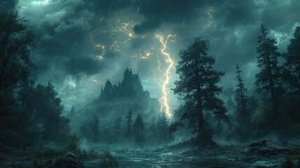 Wall Mural - a dramatic lightning storm over a dark, foreboding forest, illuminating the trees in flashes of ligh