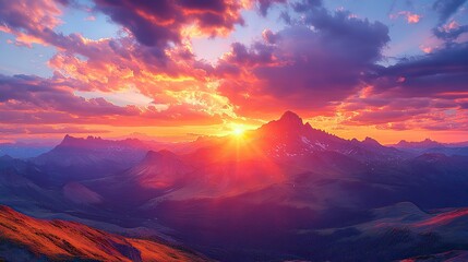 Fototapete - A dramatic sunset over a mountain range, with the sky ablaze with hues of orange, pink, and purple.