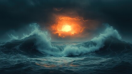 Wall Mural - a dramatic view of a stormy sea with large waves crashing against the shore under a dark, foreboding