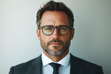 Poster - A portrait of a confident, mature man in a suit and glasses.