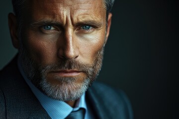 Aufkleber - Close-up portrait of a serious, mature man with graying hair and beard, wearing a suit.