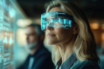 Poster - A woman wearing futuristic augmented reality glasses views data streams projected onto a transparent display.