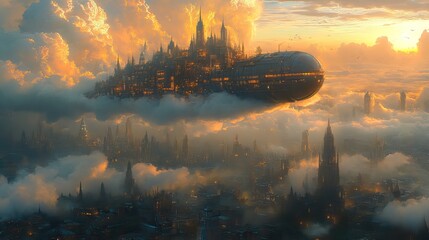 Fototapete - A fantastical cityscape built on the back of a giant, slumbering creature floating peacefully in the clouds.