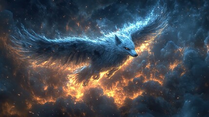 Wall Mural - A fantastical creature with the head of a wolf and the wings of a raven soaring through a twilight sky.