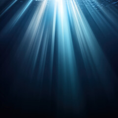 Poster - Underwater light rays penetrate deep blue ocean depths creating a dramatic ethereal scene with glowing beams illuminating the dark abyss. : Generative AI