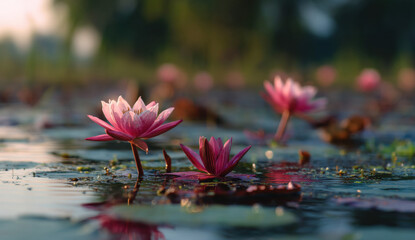 Poster - Pink water lilies blossom on a serene pond at sunrise their reflection shimmering on the calm water surface creating a tranquil and peaceful scene. : Generative AI