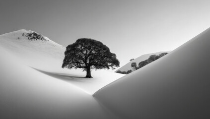Poster - Solitary oak tree stands resilient in a snowy tranquil valley nestled between two gently sloping hills under a pale sky. : Generative AI