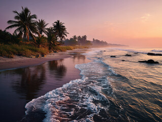 Poster - Serene sunrise over a tropical beach palm trees silhouetted against a pastel sky gentle waves lapping the shore creating a tranquil and picturesque scene. : Generative AI