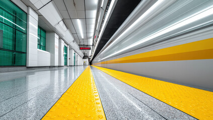 Aufkleber - A highspeed train rushes through a modern subway station leaving a blur of motion the yellow tactile paving guiding passengers along the platform. : Generative AI