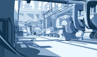 Industrial Factory Floor with Heavy Machinery in Minimalist Vector Style