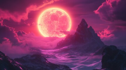 Wall Mural - Blood moon rising above a mountain peak in a dramatic night sky.