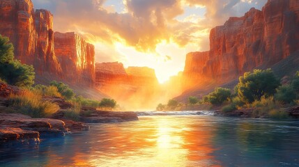 Fototapete - A hidden canyon with towering rock walls and a winding river below, a dramatic and awe-inspiring landscape.