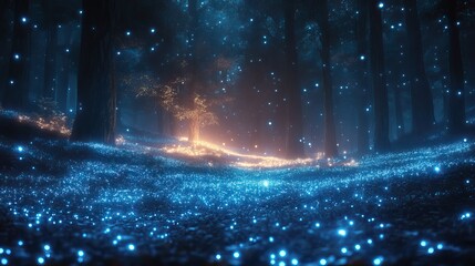 Wall Mural - A hidden grove of bioluminescent trees illuminating the forest floor with an ethereal and magical glow.