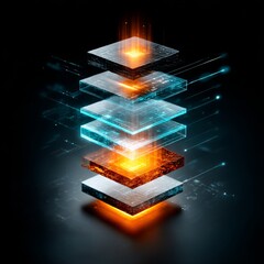 Aufkleber - Abstract Layers of Technology: Glowing Cubes with Interconnected Data Paths and Processing Power