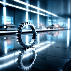 Fototapete - A Solitary Gear on a Polished Surface Reflecting Ambient Light in a Modern Industrial Setting with a Futuristic Ambience