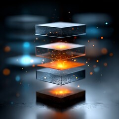 Fototapete - Layered Data Visualization: Abstract Stacked Cubes with Glowing Particles and Bokeh Effects
