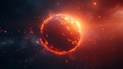 Wall Mural - Fiery planet with bright orange glow and glowing particles in space