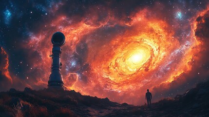 Wall Mural - a surreal image of a giant telescope pointed towards a sky filled with swirling galaxies and distant