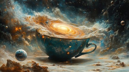 Wall Mural - a surreal scene of a giant teacup filled with a swirling galaxy, with tiny planets orbiting within.