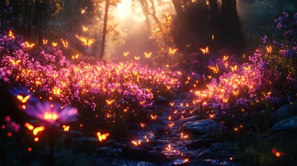 Wall Mural - a swarm of glowing insects flits through a dark, enchanted garden, illuminating the flowers and foli