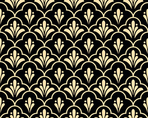 Fototapete - Flower geometric pattern. Seamless vector background. Golden and black ornament