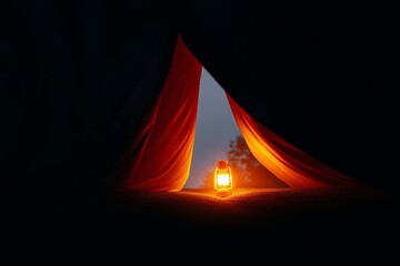 Wall Mural - Glowing lantern illuminates dark tent interior with warm light and silhouette outdoors