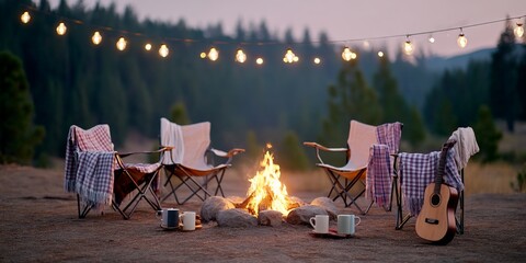 Wall Mural - Cozy campfire scene with chairs and lights in forested landscape
