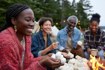 Wall Mural - Joyful african and caucasian adults enjoying camping with campfire and marshmallows