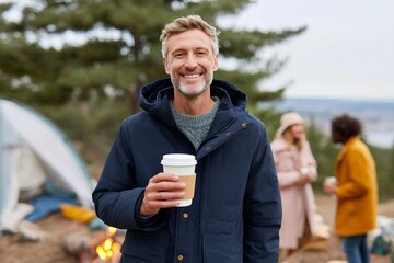 Wall Mural - Caucasian male adult enjoying coffee outdoors with group in background