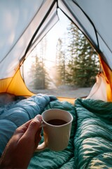 Wall Mural - Morning coffee in tent with forest view, sunrise camping experience
