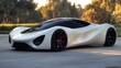 © A B I G A I L - Sleek, white futuristic sports car parked outdoors, sunlit.  Glossy exterior, aerodynamic design,  dark tinted windows,  black rims