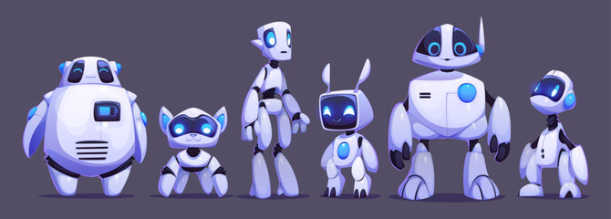 Poster - Cartoon futuristic robot mascot characters, digital droid and cyber animal bot toys, vector AI. Artificial intelligence cyborg and android transformers. Cartoon dog, bear and penguin animal robots