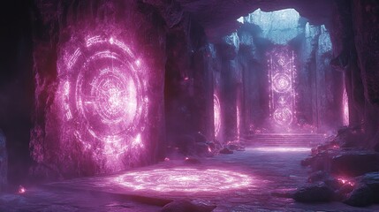 Wall Mural - amethyst light emanates from a network of glowing symbols etched into the walls of a hidden chamber.