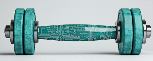 Leinwandbilder - A dumbbell with a printed circuit board design shows the intersection of technology and physical fitness on a clean, modern background.