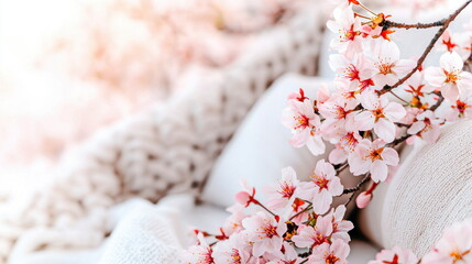 Aufkleber - Delicate pink cherry blossoms adorn a soft white knitted blanket creating a cozy and inviting springtime scene of renewal and gentle beauty.