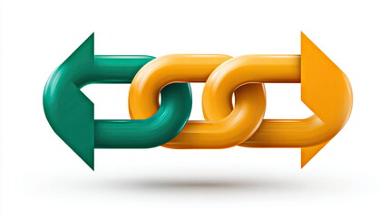 Leinwandbilder - Interlocking arrow chains in green, yellow, and orange symbolize connection, unity, and direction on a clean, white background illustration.