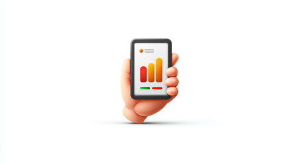 Leinwandbilder - An illustrative cartoon hand is holding a smartphone displaying a colorful bar graph, signifying data analysis and financial growth.
