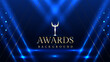 © ALLuxury - Dark blue luxury awards graphics background with light neon elegant shine spotlight effects. Premium corporate abstract design template. Banner certificate dynamic shape