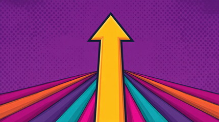 Aufkleber - A bright yellow arrow leads upwards with colorful perspective lines on a textured purple background in a modern comic book style design.
